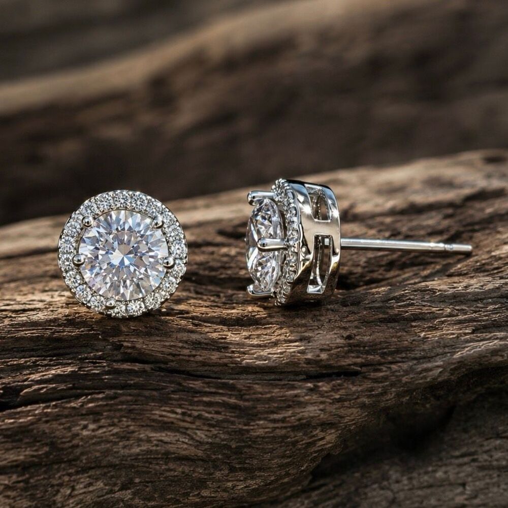 Men’s Firebright Iced Halo 4” Silver Plated Crystal Studs - Picture 3 of 5